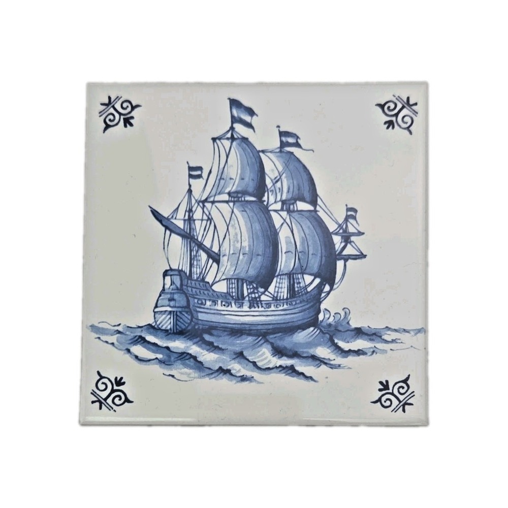 Royal Delft Tile Blue & White Holland Ship Sailing Harbor Boats 13x13 cm